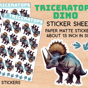 Triceratops stickervel, dinosaurus, stationair, dino, realistisch, papier matte stickers, jura, tanden, roofdier, plakboek, nodigt uit