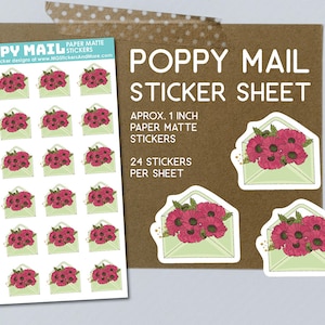 Mohnpost Briefumschlag Sticker für Happy Mail, Briefpapier, Dekoration, Mohnblumen, rote Blumen, Schneckenpost, papier matte Aufkleber zum Basteln