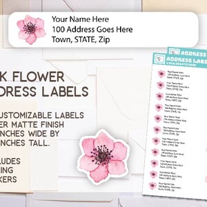 Roze Bloem, adresetiketten, terugkeeradres, douane, bloemen, penvriend, slakkenpost, luchtpost, stickers, stationair, gift, adresstickers,