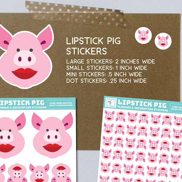 Lipstick Pig, stickers, piggy, love pigs, animal stickers, oink, pink pig, lipstick, make up, funny, pig, paper stickers, mini, small, dots