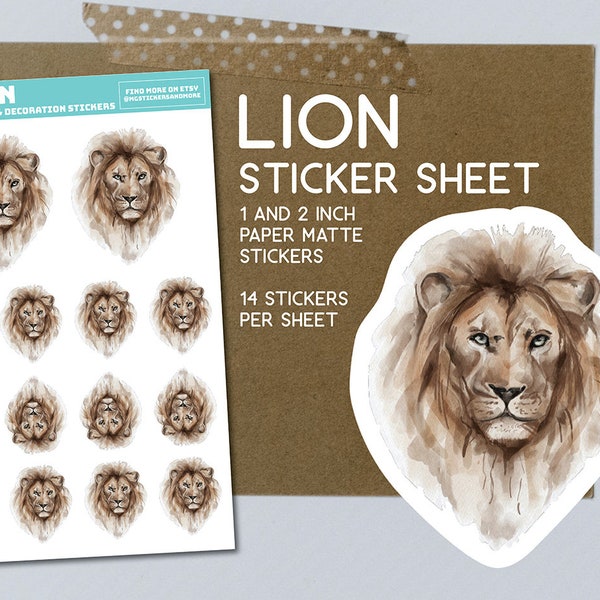 Lion sticker sheet, paper matte stickers, lioness, animals, zoo, safari sticker collection, crafting, album, paper project, stationary