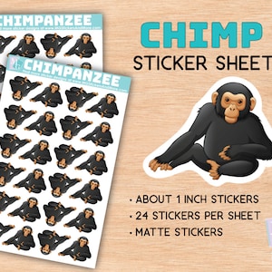 Chimpanzee sticker sheet, matte stickers, zoo, animal love, African animals, stationary, for journals, planners, notebooks, chimp, monkey