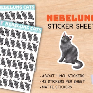 Nebelung cat sticker sheet, emojis, fancy cat, stationary, feline, cat stickers, cute, breeder, cardmaking, scrapbooking, gray, pure breed