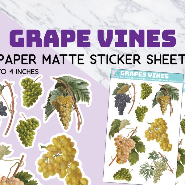 Grape Vines sticker sheets, paper matte stickers, vineyard, fruits, vintage, clipart, sticker sheet, fancy, grapes, vinery, winery, wine