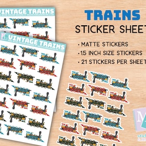 Vintage Train sticker sheet, trains, railroad, stickers, color, illustration, for card making, crafting, paper crafts, journal, calendar