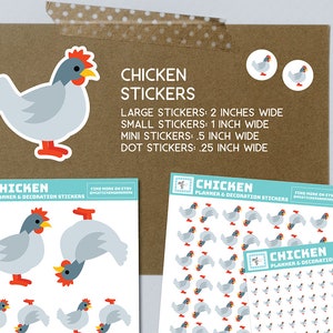 Autocollants de poulet, tailles assorties, autocollants en papier, petits, mini, grands, poulets, cahiers, bullet journals, planificateurs, vie à la ferme, animal mignon