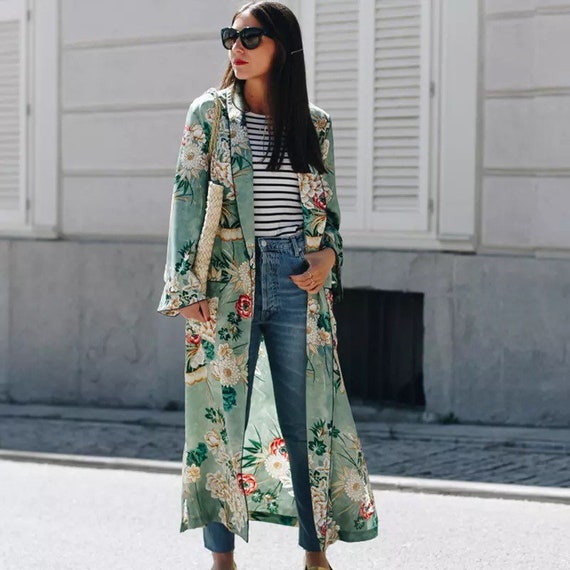 Vintage Pareo Retro Floral Print Green Long Kimono Jacket | Etsy