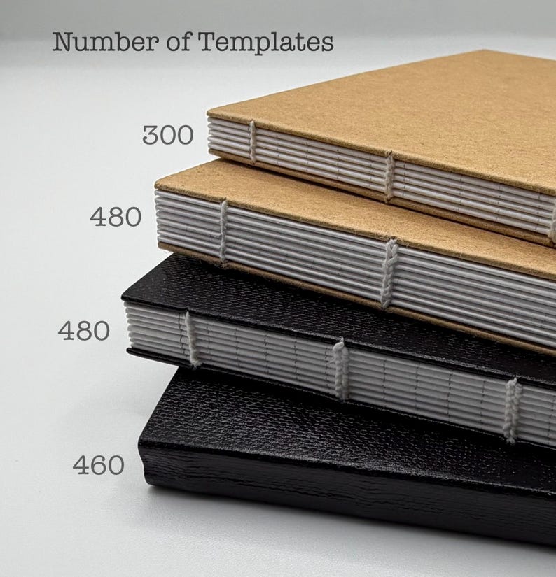 K&ouml;nnte beinhalten: Ein Stapel handgefertigter Notizb&uuml;cher mit sichtbaren N&auml;hten. Die oberen beiden Notizb&uuml;cher haben beige Umschl&auml;ge, w&auml;hrend die unteren beiden schwarz sind. Der Text "Number of Templates" ist oben zu sehen, mit Zahlen, die die Vorlagenanzahl angeben: 300, 480, 480 und 460.