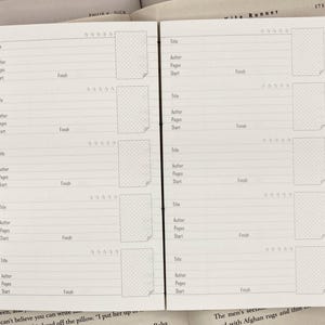K&ouml;nnte beinhalten: Ein leeres Buchjournal mit linierten Seiten zur Aufzeichnung von Buchtiteln, Autoren und Bewertungen. Das Journal hat ein einfaches Layout mit Feldern f&uuml;r Start- und Enddaten sowie einen Abschnitt f&uuml;r Notizen. Die Seiten sind wei&szlig; mit einem gepunkteten Design.