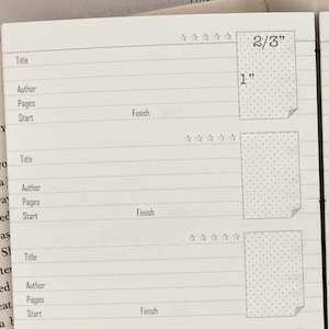 K&ouml;nnte beinhalten: Nahaufnahme einer Notizbuchseite mit gepunkteten Aufklebern mit abgerissenen Ecken. Der obere Aufkleber tr&auml;gt die Aufschrift "2/3"" und "1"" (ca. 2,5 cm). Die Seite enth&auml;lt Zeilen f&uuml;r "Titel", "Autor", "Seiten", "Start" und "Ende".