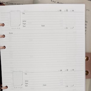 May include: A white page with lined paper and a section for book reviews. The section includes fields for the title, author, pages, start date, finish date, and a rating system. The text "The Kite" is visible at the top of the page.