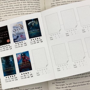 May include: A white paper reading log with printed book cover images including Gone Girl, The Queen of Nothing, Lady Midnight, Lord of Shadows, and Queen of Air and Darkness. Each entry features a five-star rating system and handwritten start and finish dates.