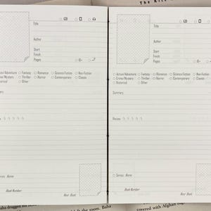 May include: Open notebook pages with book-related sections for title, author, start and finish dates, and genre selection. Includes space for a summary and review. The pages are light-colored with dotted patterns.