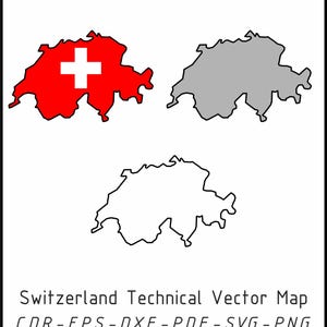 May include: A technical vector map of Switzerland in three variations: a red map with a white cross, a gray map, and a black outline. The text "Switzerland Technical Vector Map" is below the maps, along with file format options.