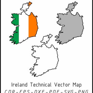 May include: A graphic featuring three vector maps of Ireland. One map displays the Irish flag, another is gray, and the third is a black outline. The text "Ireland Technical Vector Map" and file format options are below.
