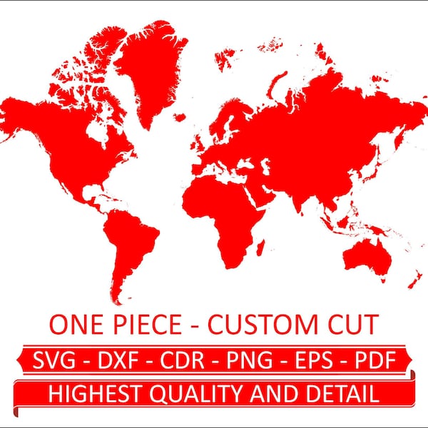 World Map Vector laser cut file. svg - dxf - cdr - png - eps - pdf. Extra detailed and up to date world map. One-piece cut is appropriate.