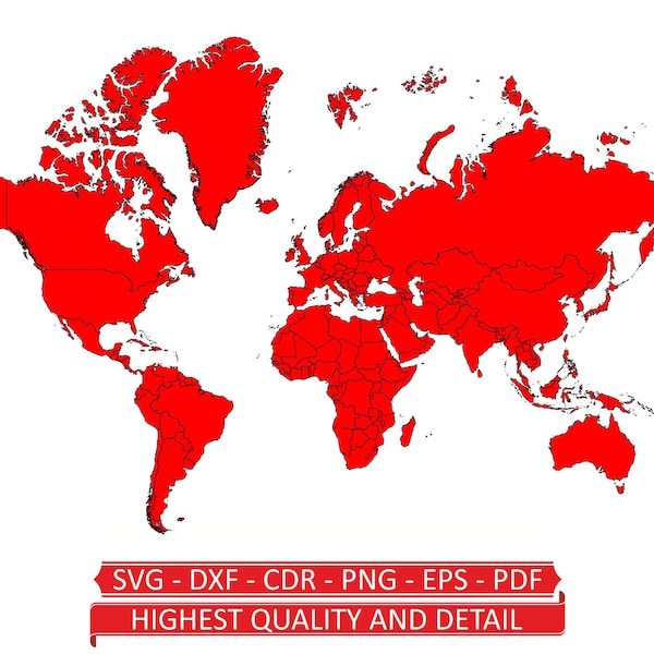 World Map Vector laser cut file. svg - dxf - cdr - png - eps - pdf. Extra detailed and up to date world map.