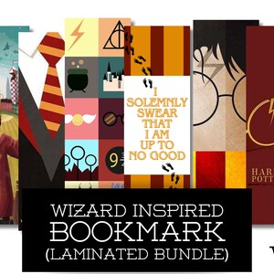 May include: A collection of wizard-themed bookmarks. The bookmarks feature illustrations of a Quidditch player, a tie, a lightning bolt, a cauldron, and the text "I Solemnly Swear That I Am Up To No Good." The words "Harry Potter" are also visible.
