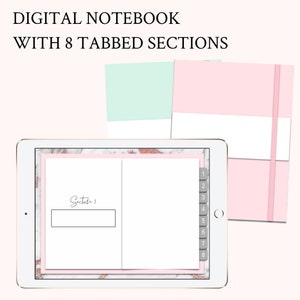 May include: A digital notebook app on a tablet with a marble background. The notebook has eight sections with tabs numbered 1 through 8. The first section is labeled "Section 1".