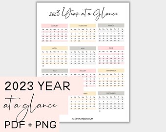 2023 Year at a Glance, 2023 Calendar, 2023 Printable Calendar, Printable, Instant Download