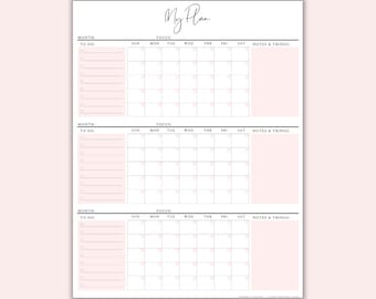 3 Month Calendar, 3 Month Printable Calendar, 90 Day Plan, Instant Download, Wall Calendar, Large Wall Calendar