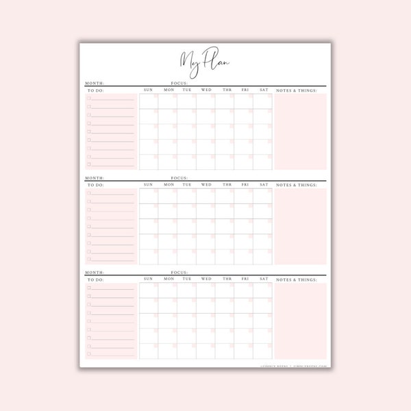 3 Month Calendar, 3 Month Printable Calendar, 90 Day Plan, Instant Download, Wall Calendar, Large Wall Calendar