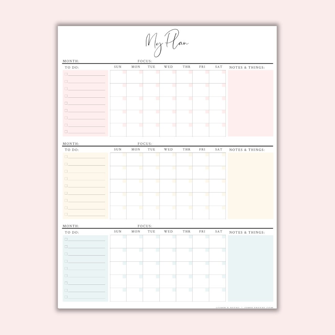 3 Month Calendar, 3 Month Printable Calendar, 90 Day Plan, Instant ...