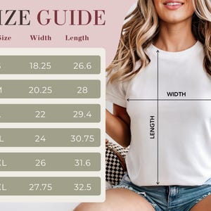 May include: A white t-shirt with a size guide chart. The chart displays measurements for width and length in inches for sizes S to 3XL. The text "SIZE GUIDE" is at the top of the image.