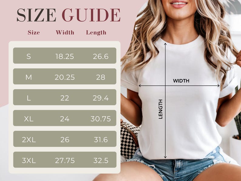 May include: A white t-shirt with a size guide chart. The chart displays measurements for width and length in inches for sizes S to 3XL. The text "SIZE GUIDE" is at the top of the image.