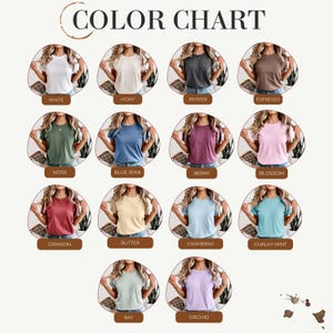 May include: A color chart featuring fourteen circular images of a short-sleeved t-shirt in various colors: white, ivory, pepper, espresso, moss, blue jean, berry, blossom, crimson, butter, chambray, chalky mint, bay, and orchid, with labels.