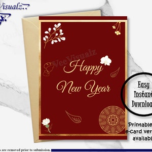 Gelukkig Nieuwjaarskaart, afdrukbare kaart, mooie kaart, bloemenkaart, E-Card, gelukkig nieuwjaar, stijlvolle kaart, HNY-kaart, Bourgondische en gouden kaart