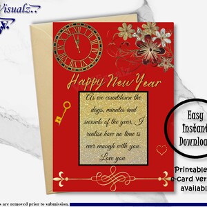 Cartão de feliz ano novo, cartão para impressão, cartão romântico, cartão de ano novo, cartão eletrônico, feliz ano novo, cartão elegante, cartão HNY, cartão vermelho e dourado, romance