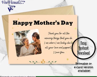Mothers Day Card, Mothers Day Gift, Custom Card, Own Pic, Printable Card,Floral Card,Happy Mothers Day Card,Gift For Mom,E-Card,Card For Mom