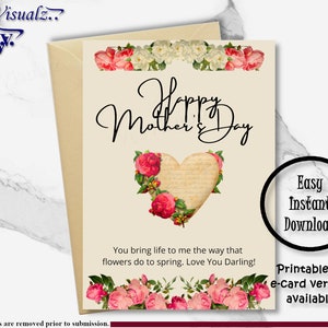 Mothers Day Card for Wife, Mothers Day Gift, Printable Card, Floral Card , Happy Mother&#39;s Day Card, Gift For Mom, E-Card, Card For Mom