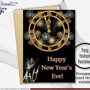 Carte de réveillon de bonne année, carte imprimable, carte du Nouvel An, carte de réveillon du Nouvel An, carte électronique, réveillon de bonne année, carte HNY, carte noire et or