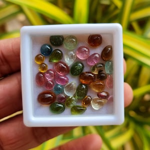 May include: A collection of colorful, teardrop-shaped gemstones in a white square container. The gemstones are various shades of green, pink, red, brown, and yellow.