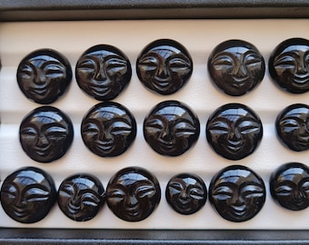 Handmade Black Onyx Face Carving Gemstone, Round Loose Onyx