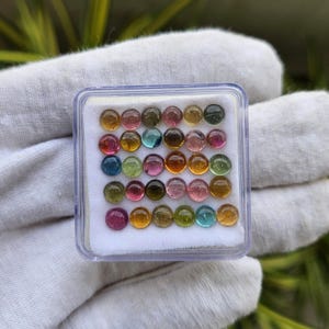 Op de afbeelding: Een doorzichtige plastic doos gevuld met een verscheidenheid aan kleurrijke, ronde edelstenen. De edelstenen zijn in tinten roze, groen, geel, blauw en bruin. De doos wordt door een gehandschoende hand vastgehouden.