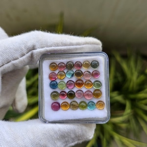 Op de afbeelding: Een doorzichtige plastic doos gevuld met een verscheidenheid aan kleurrijke, ronde edelstenen. De edelstenen zijn in tinten roze, oranje, geel, groen, blauw en bruin. De doos wordt vastgehouden door een gehandschoende hand, met een vage groene achtergrond.