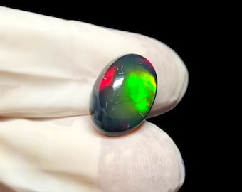 May include: A dark oval-shaped black opal gemstone with green and red flashes of color.