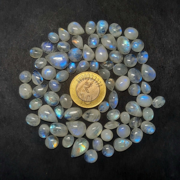 50 pcs cabochon de pierre de lune, cabochon de pierre de lune arc-en-ciel, mélange de forme, lot en gros de cabochon de pierre de lune de feu bleu, pierre précieuse de pierre de lune flashy.