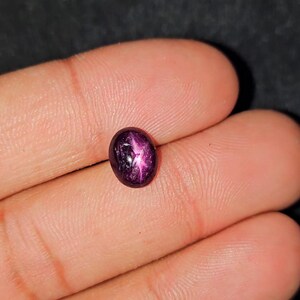 May include: A polished, oval-shaped, dark purple gemstone with a six-ray star pattern. The star is a lighter shade of purple, creating a striking contrast. The gemstone is held in a hand against a dark background.