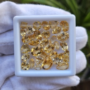 Puede incluir: Una colección de gemas facetadas de color amarillo dorado en varias formas, incluyendo ovaladas, en forma de pera y cuadradas, se exhiben en una bandeja de plástico blanco. Las gemas tienen un corte brillante y están dispuestas juntas.