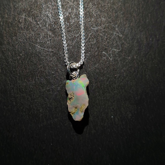 Raw Ethiopian Opal Pendant, 925 Sterling Silver Necklace