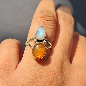 AAA Sunstone Moonstone  Ring~ 925 Sterling Silver Ring~ Two Stone Ring~ Natural Sunstone Rainbow Moonstone Cabochon Ring~ Statement Ring.