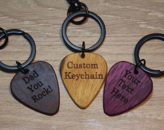 Wood Guitar Pick Keychain - Custom Keychain Gift - Personalized Keychain - Unique Keychain Gift for Dad