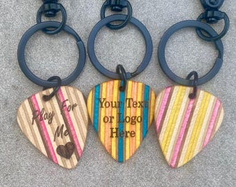 Personalized Recycled Skateboard Guitar Pick Keychain, Custom Engraved Musician Upcycled Gift