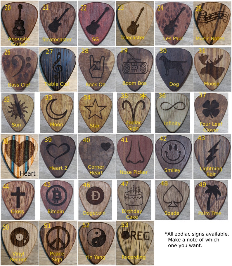 Puede incluir: Una colecci&oacute;n de p&uacute;as de guitarra de madera con varios dise&ntilde;os grabados, incluyendo instrumentos musicales, s&iacute;mbolos e iconos. Las p&uacute;as presentan im&aacute;genes de guitarras, una radio, un perro, una carita sonriente y m&aacute;s. El texto en la imagen dice: "Todos los signos del zodiaco disponibles."