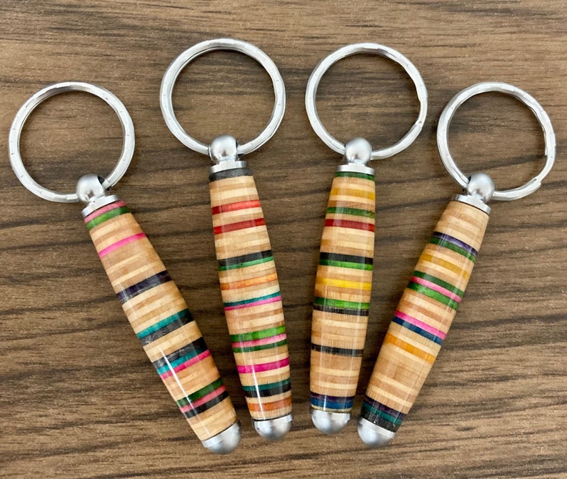 Keychain made from recycled skateboards