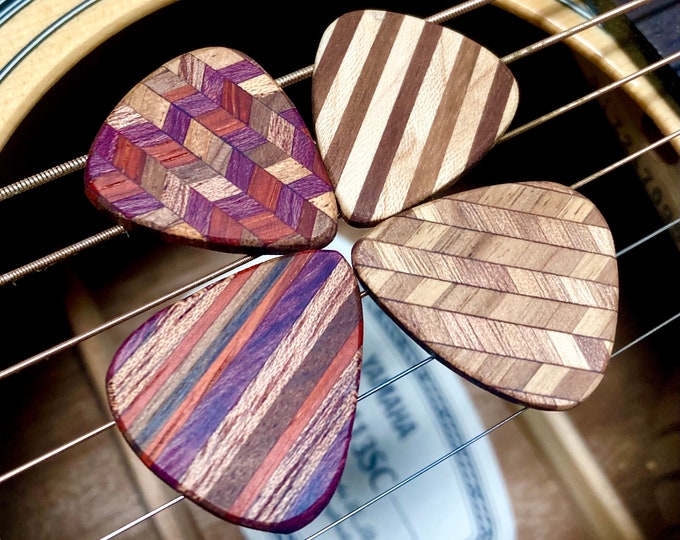 Engravable Wood Guitar Picks Variety Pack, Set of 4 Custom Picks, Handmade Gift For Musician, Personalized Pick, Engraved Wooden Plectrum